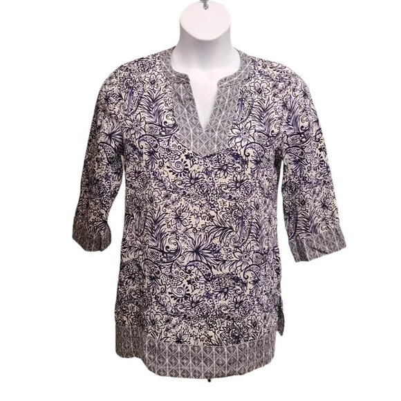 Sigrid Olsen Womens   Blue Patterned Linen Tunic V Neck 3/4 sleeves Lage… - Picture 1 of 6